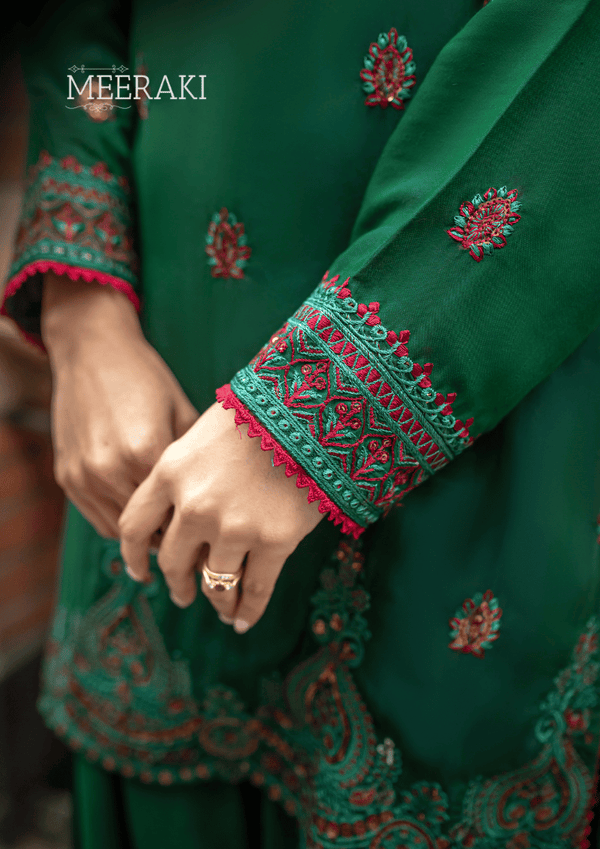 BOTTLE GREEN-3PC COTTON SILK EMBROIDERED SUIT MEERAKI