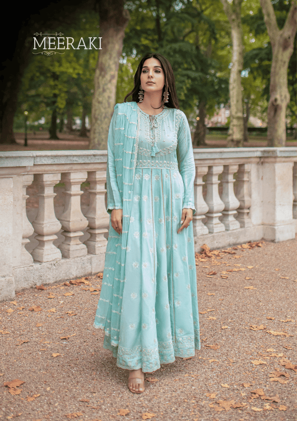 PASTEL BLUE ANARKALI-3PC COTTON SILK EMBROIDERED SUIT MEERAKI