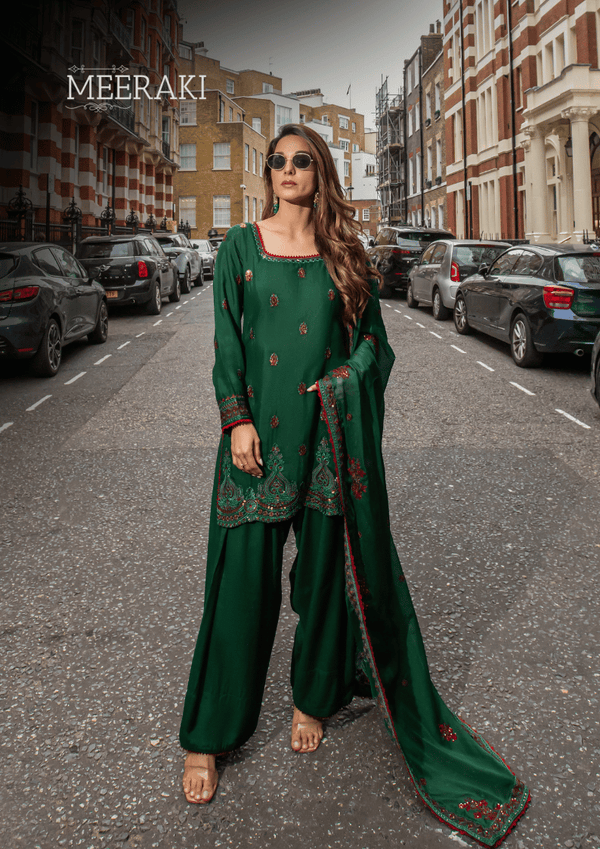 BOTTLE GREEN-3PC COTTON SILK EMBROIDERED SUIT MEERAKI