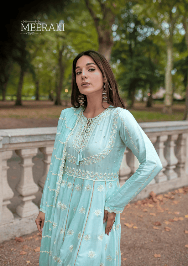 PASTEL BLUE ANARKALI-3PC COTTON SILK EMBROIDERED SUIT MEERAKI