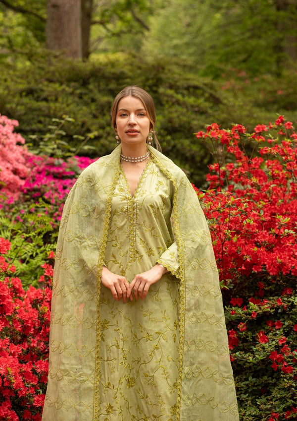 PEAR GREEN - 3PC CHIKANKARI SUIT MEERAKI