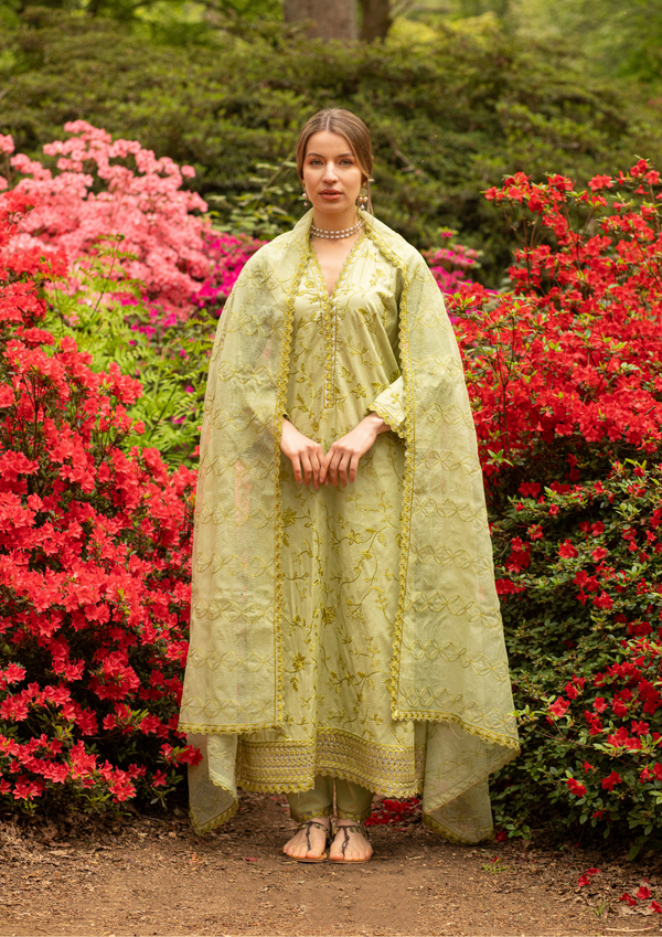 PEAR GREEN - 3PC CHIKANKARI SUIT MEERAKI